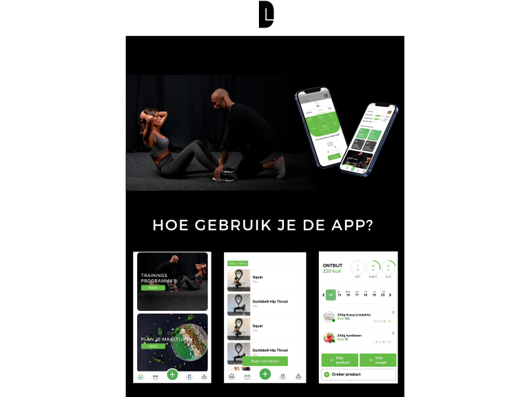 screenshot van een personal trainer die een klant helpt met daarnaast een foto van een gsm met trainingen erop